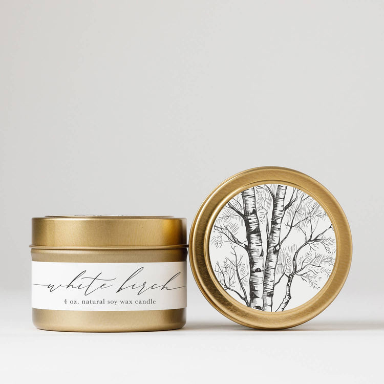 White Birch : Tin Soy Candle ( fall cozy winter tree )