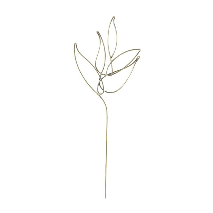 Decorative metal plant trellis stake with leaf design on a white background