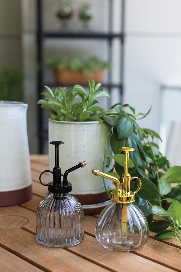 Two glass spray bottles with black and gold nozzles on a wooden surface with plants in the background.