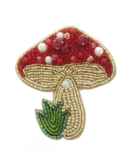 Red Mushroom Embroidered Beaded Pin – Handmade Woodland Brooch