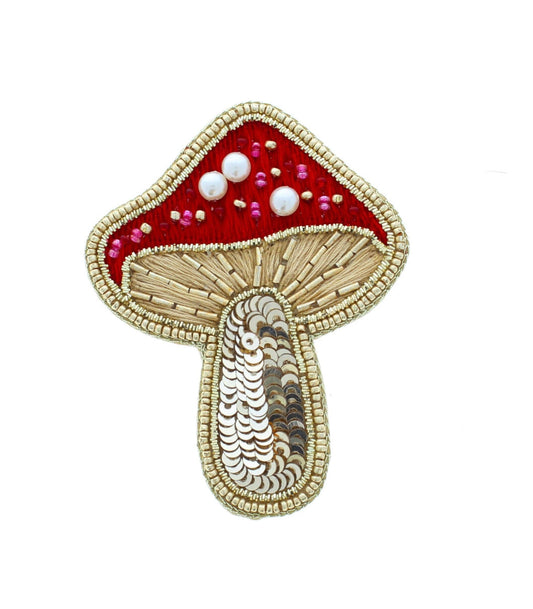 70mm x 54mm Red Mushroom Embroidered Beaded Pin – Handmade Woodland Brooch, each