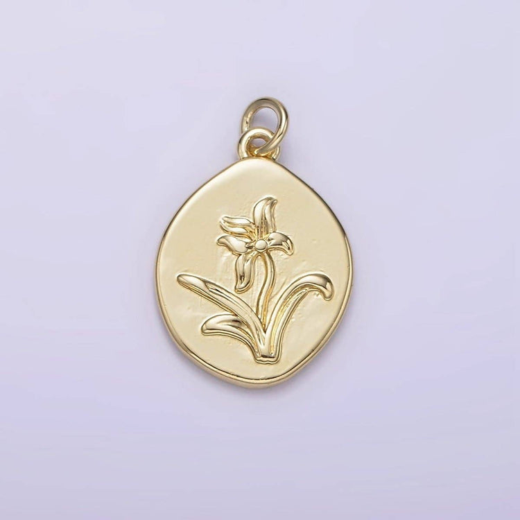 14K Gold Filled Lily May Birth Flower Hammered Stamped Personalized Double Sided Charm | AG245