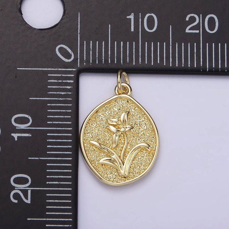 14K Gold Filled Lily May Birth Flower Hammered Stamped Personalized Double Sided Charm | AG245