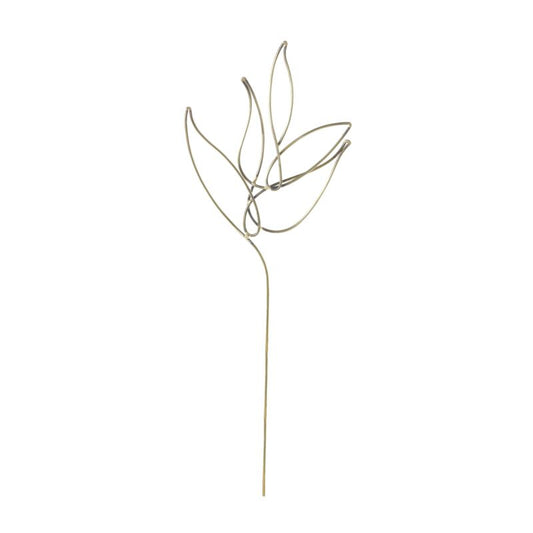 Decorative metal plant trellis stake with leaf design on a white background