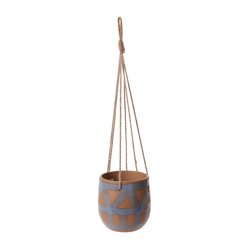 Hanging ceramic planter with geometric design on a white background