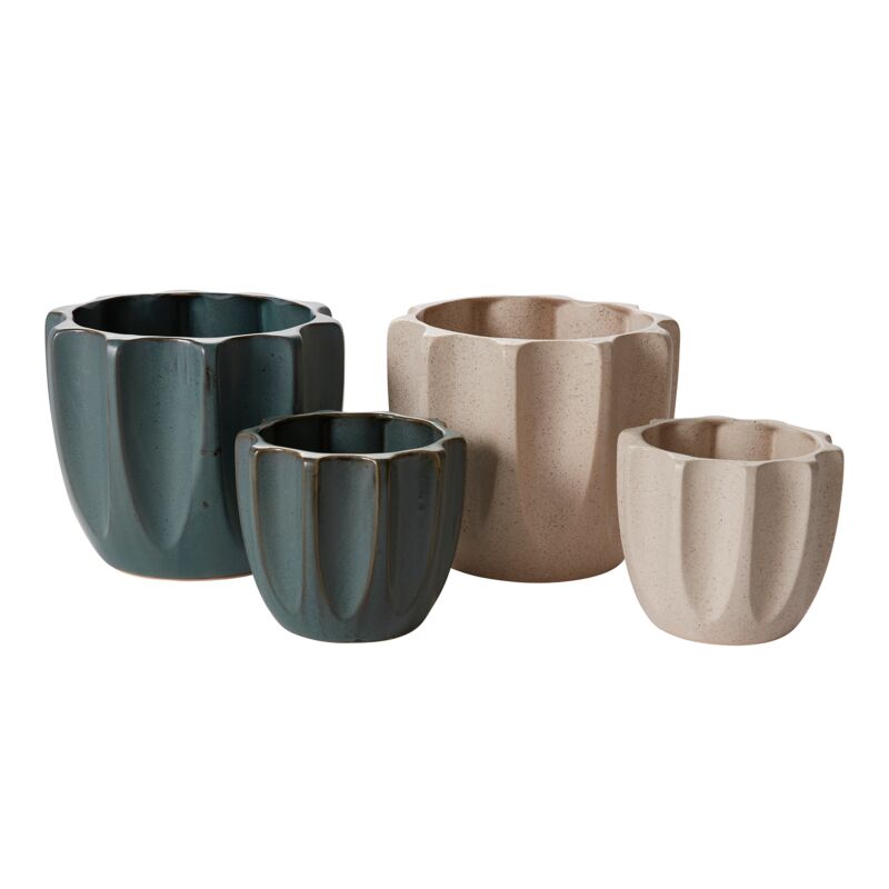 Set of four ceramic planters in green and bronze on a white background