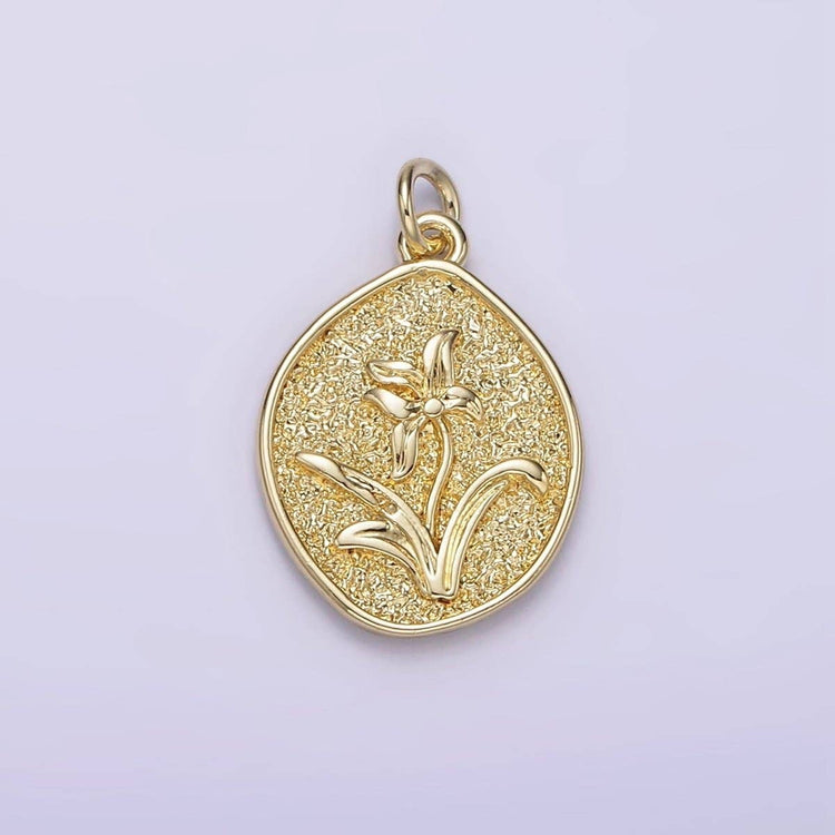 14K Gold Filled Lily May Birth Flower Hammered Stamped Personalized Double Sided Charm | AG245