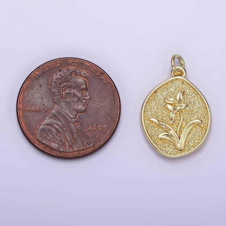 14K Gold Filled Lily May Birth Flower Hammered Stamped Personalized Double Sided Charm | AG245