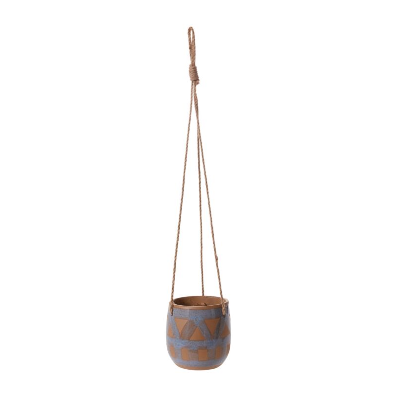 Hanging planter with geometric pattern on a white background