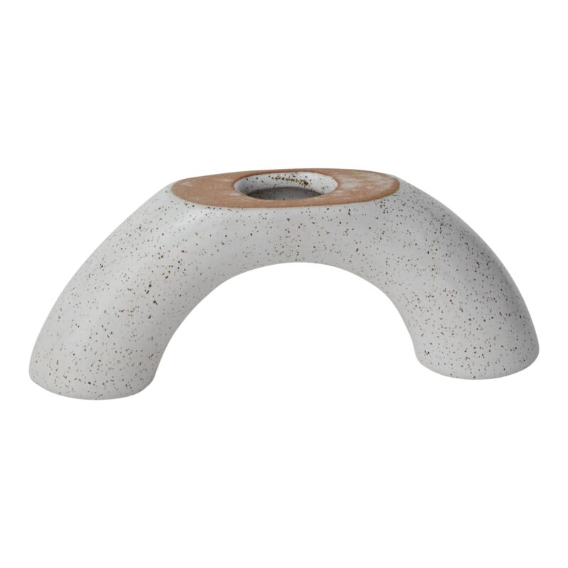 Ceramic candle holder or vase with speckled design on a white background