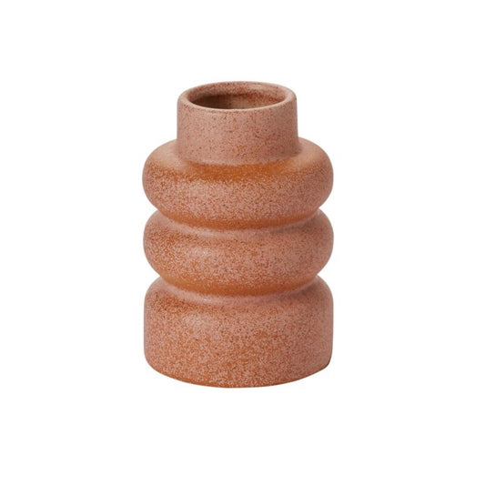 A brown glazed ceramic Sundown Bud Vase with a smooth finish and a cylindrical shape with horizontal ridges.